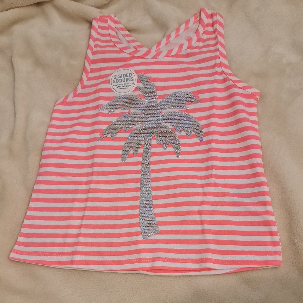 NWT Epic Threads Pink and White Girl Tank Top with Sequin Palm Tree Size